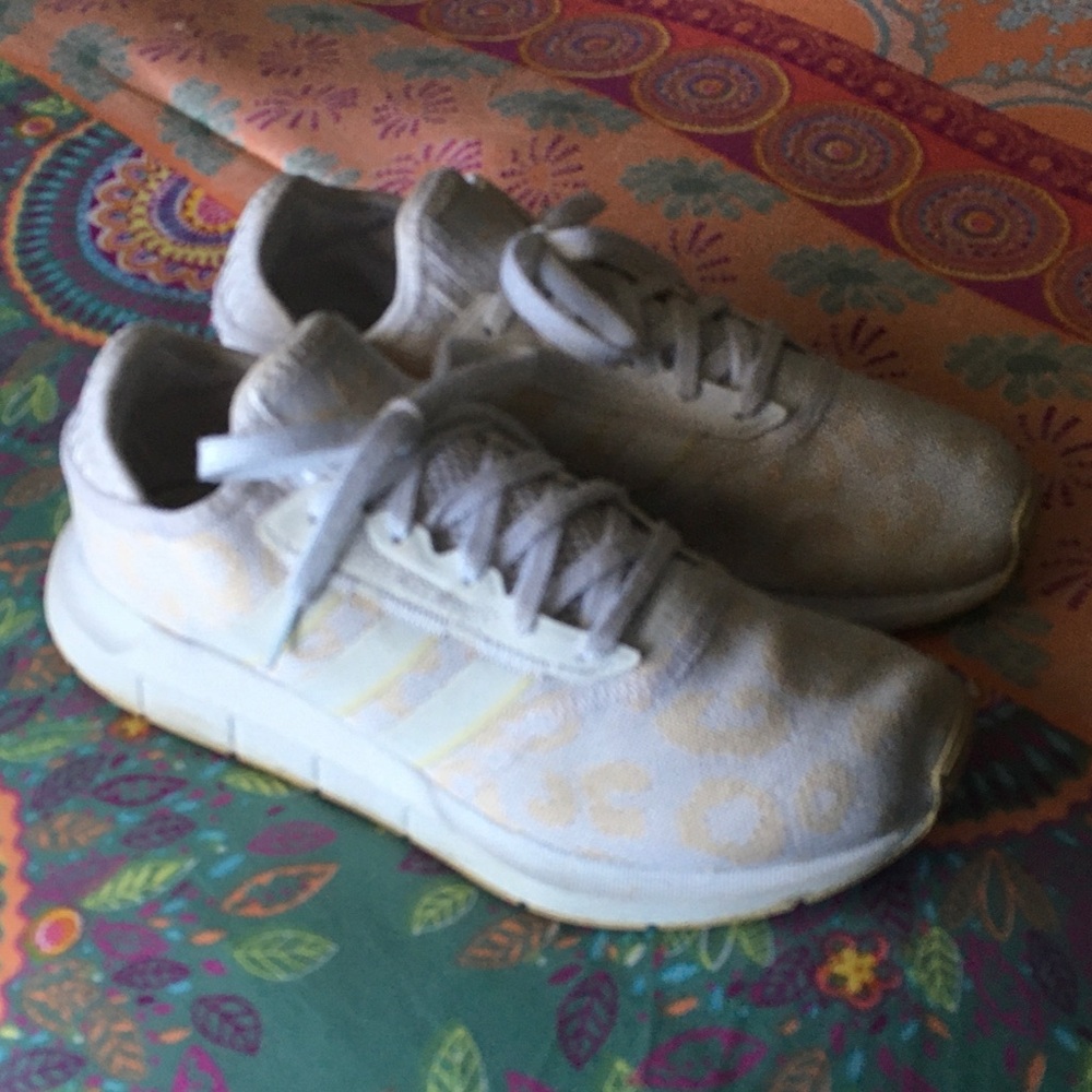 adidas White and Light Beige Leopard Print Athletic Sneakers